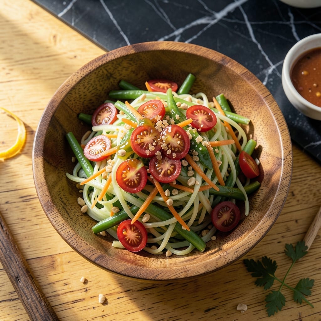 Recipe for Som Tam Salad: Thai Green Papaya with Spicy Lime Dressing