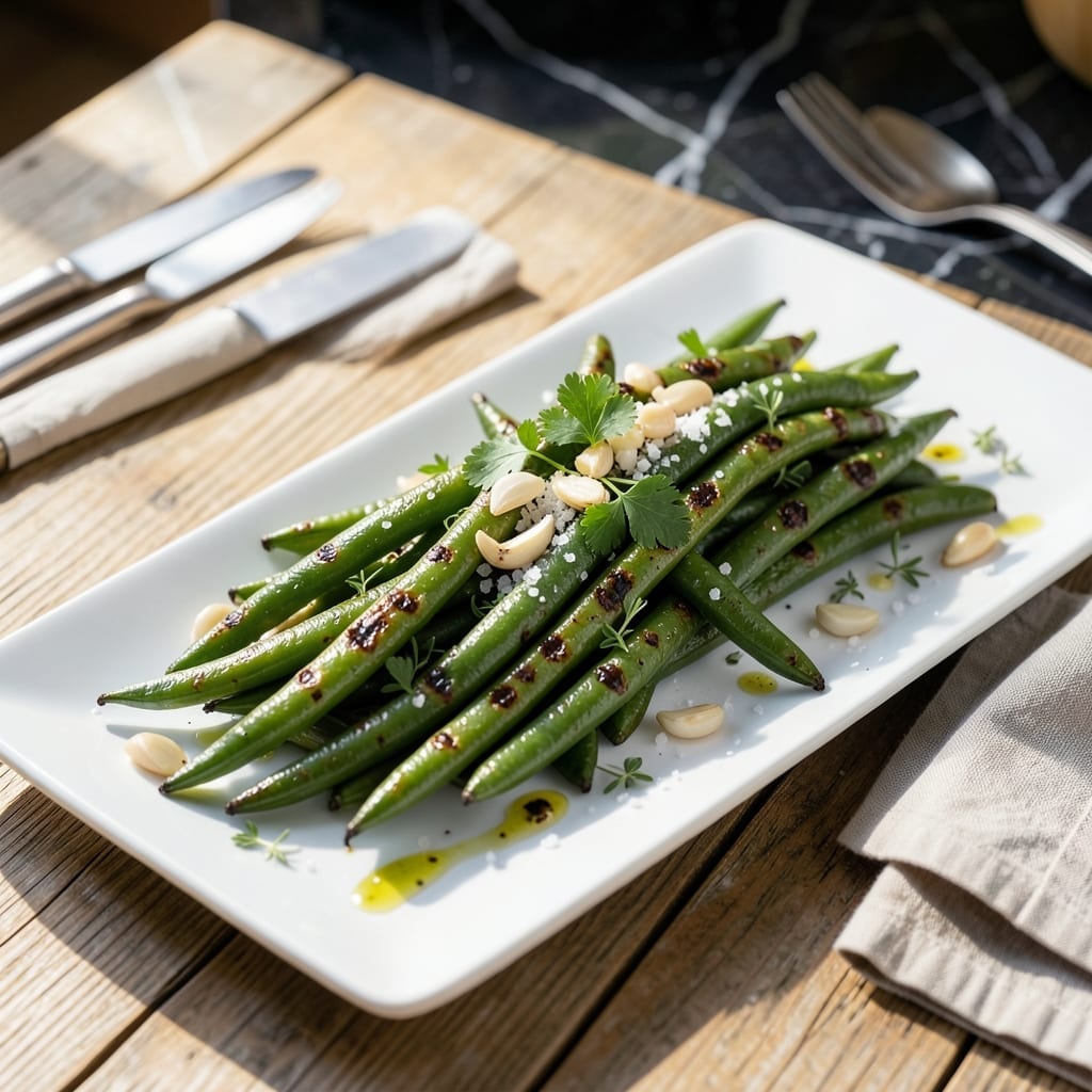 Recipe for Fresh Green Beans on the Grill: Smoky Char With Garlic Herb Finish