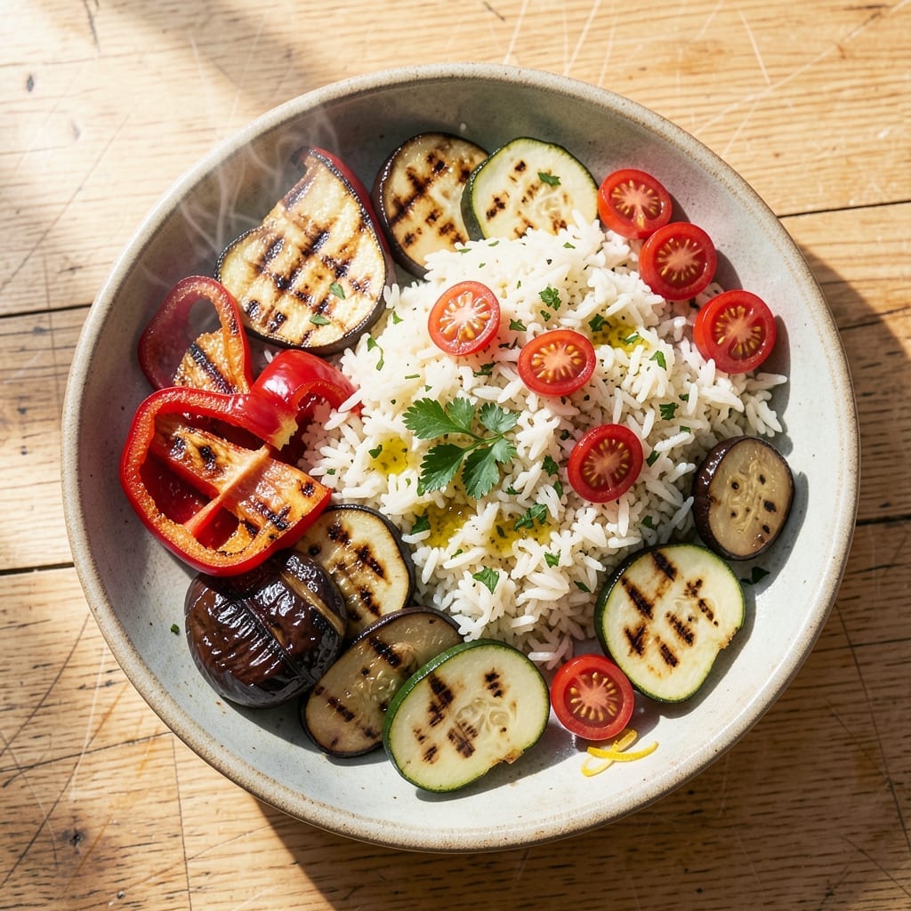 Grilled Vegetables and Rice Recipe: Charred Veggies Over Fluffy Grains