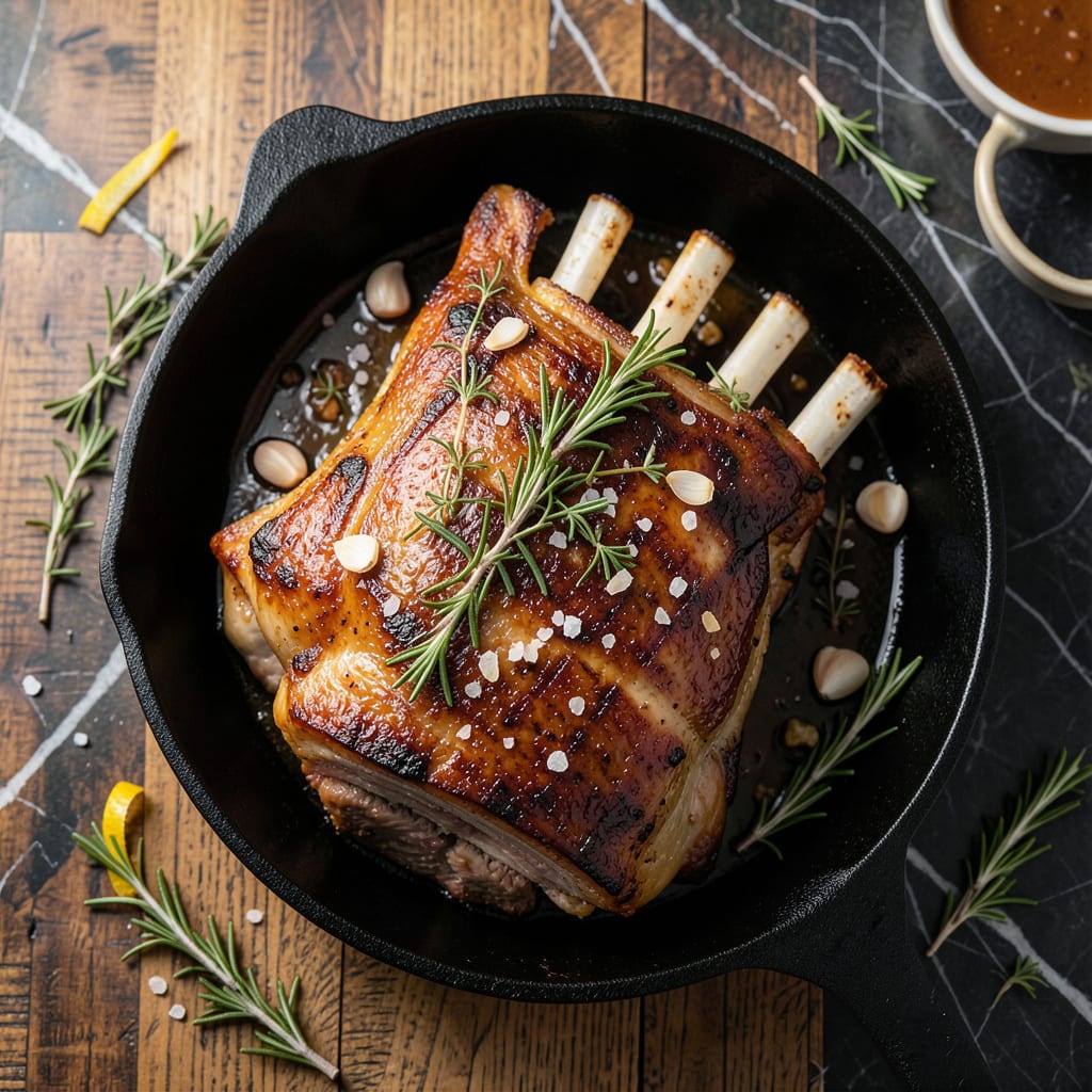 frenched pork rack roast recipe illustration with key details