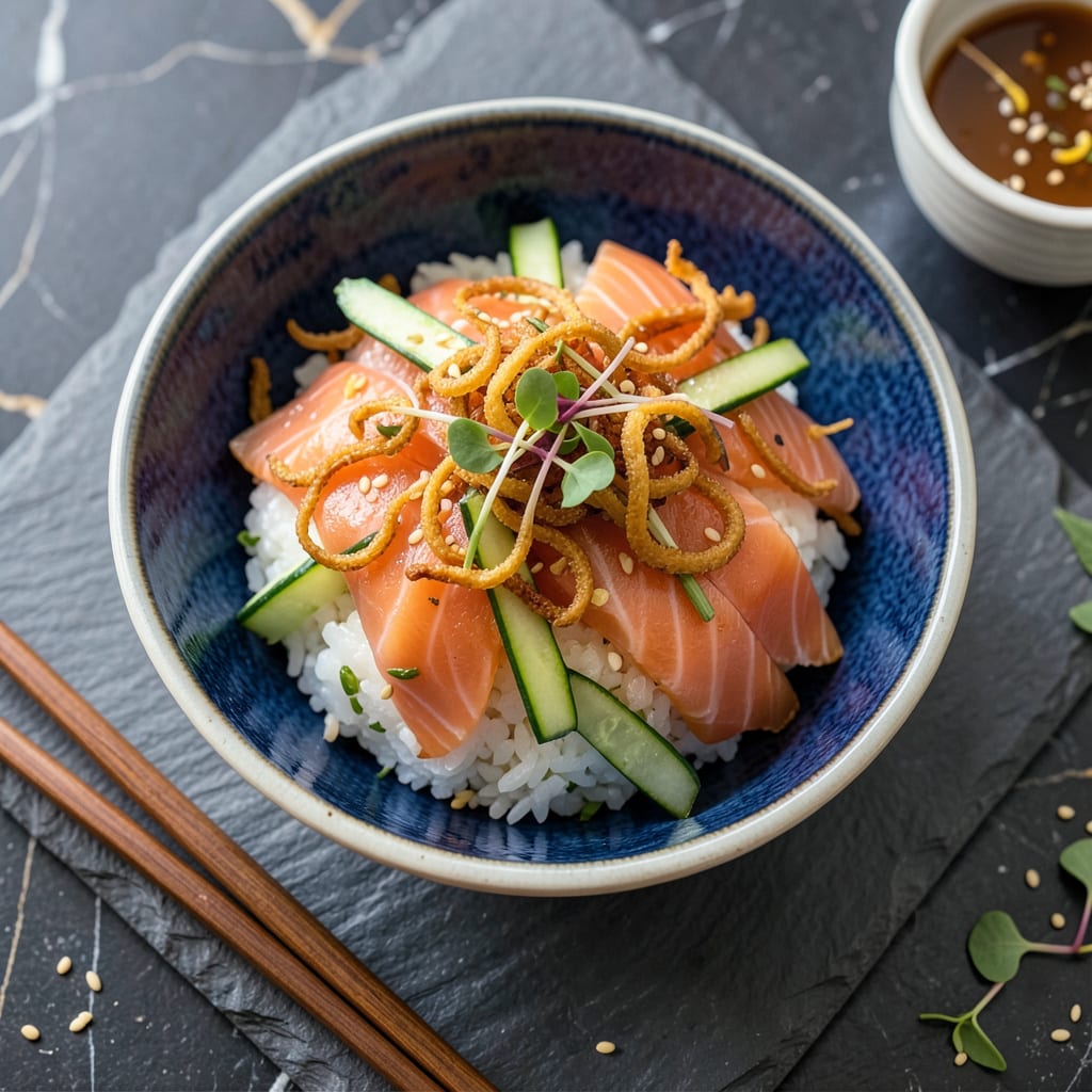 Comprehensive fried onion on sushi visual reference