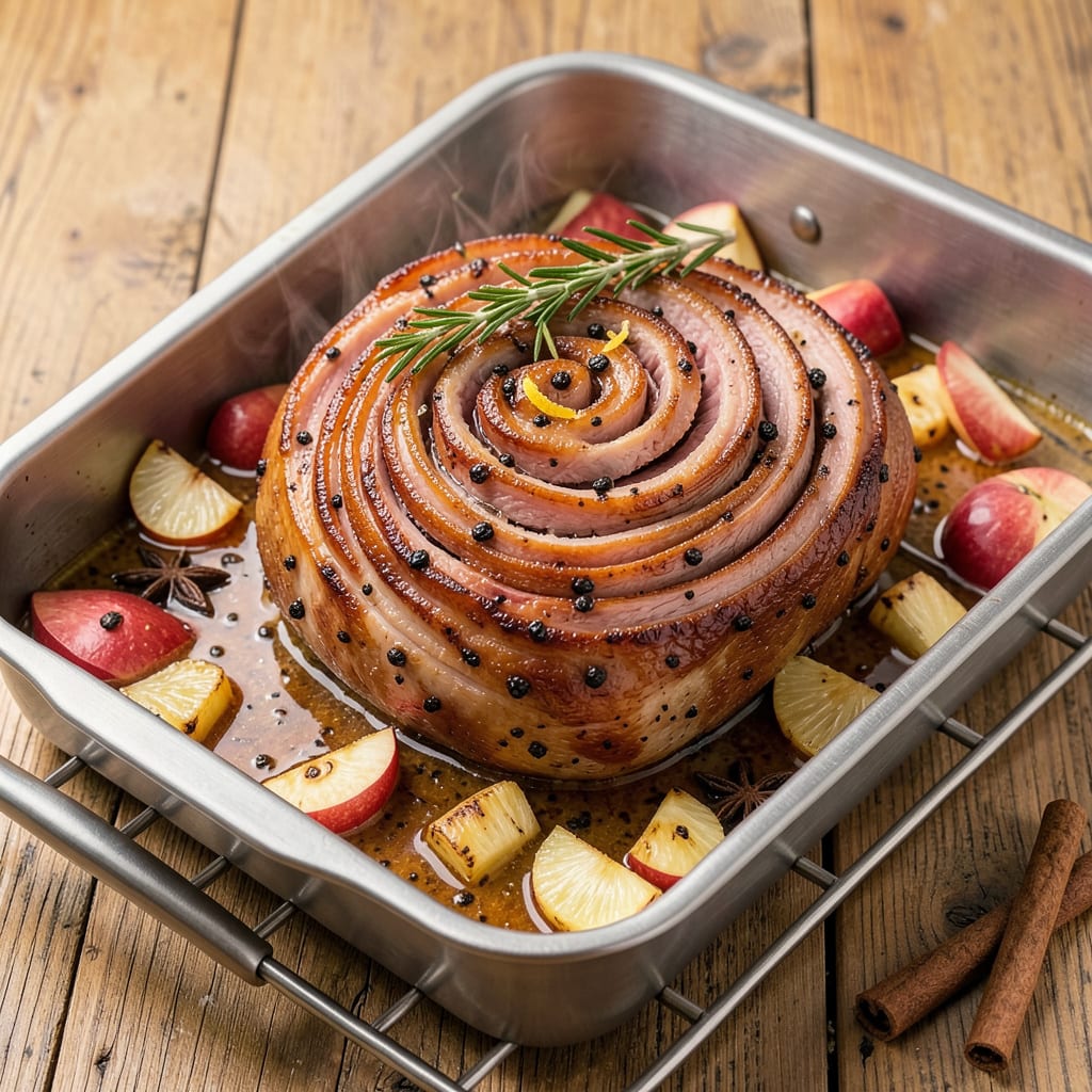 Comprehensive frozen spiral ham in oven visual reference
