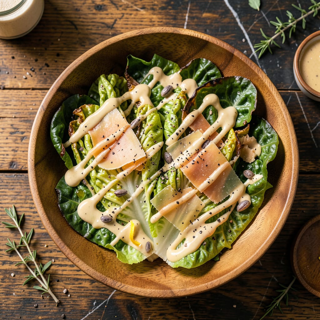 Grilled Caesar Salad Recipe: Charred Romaine with Parmesan Crunch illustration with key details