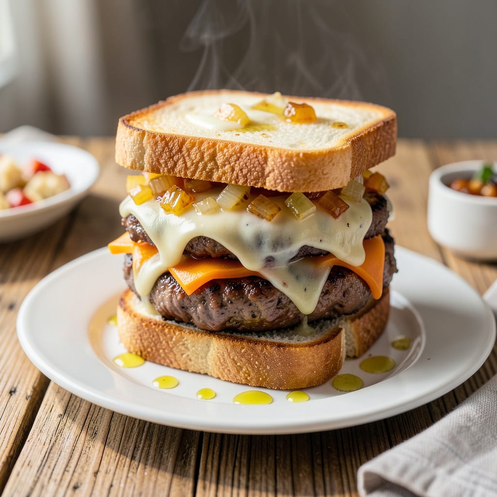 Visual representation of Grilled Cheese Sandwich Burger Recipe: Cheesy Beef Mashup in Minutes