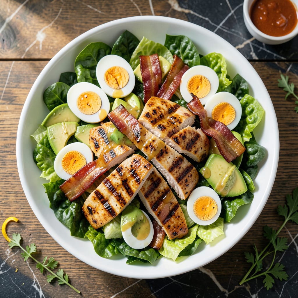 Grilled Chicken Cobb Salad Recipe: Classic American Layers With Avocado and Bacon example with annotations