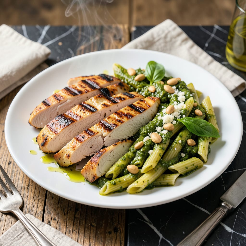 Grilled Chicken Pesto Pasta Recipe: Basil Kissed Noodles With Charred Flavor illustration with key details