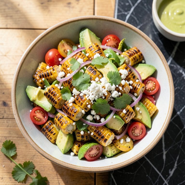 Grilled Corn and Avocado Salad Recipe: Smoky Sweetness Meets Creamy Freshness illustration with key details