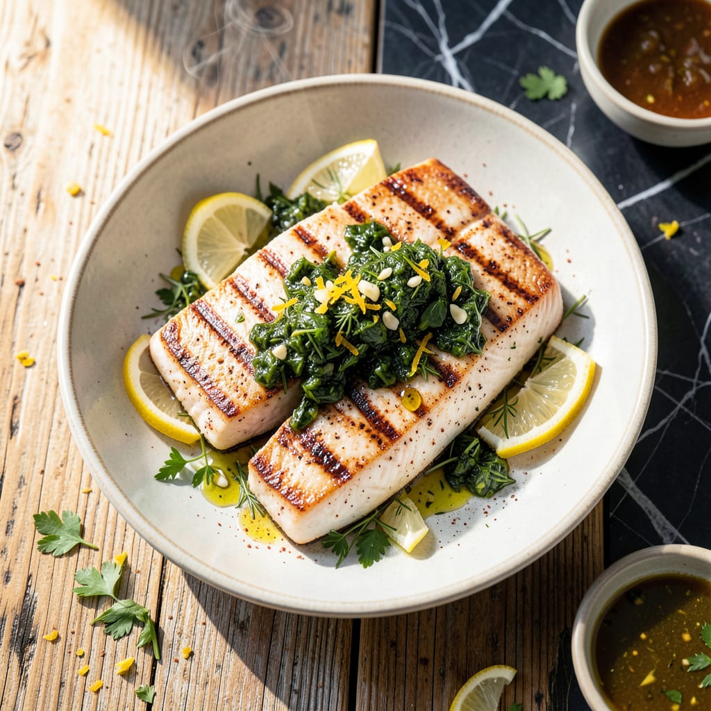 Visual representation of Grilled Halibut Steak Recipe: Lemon Herb Crusted Elegance
