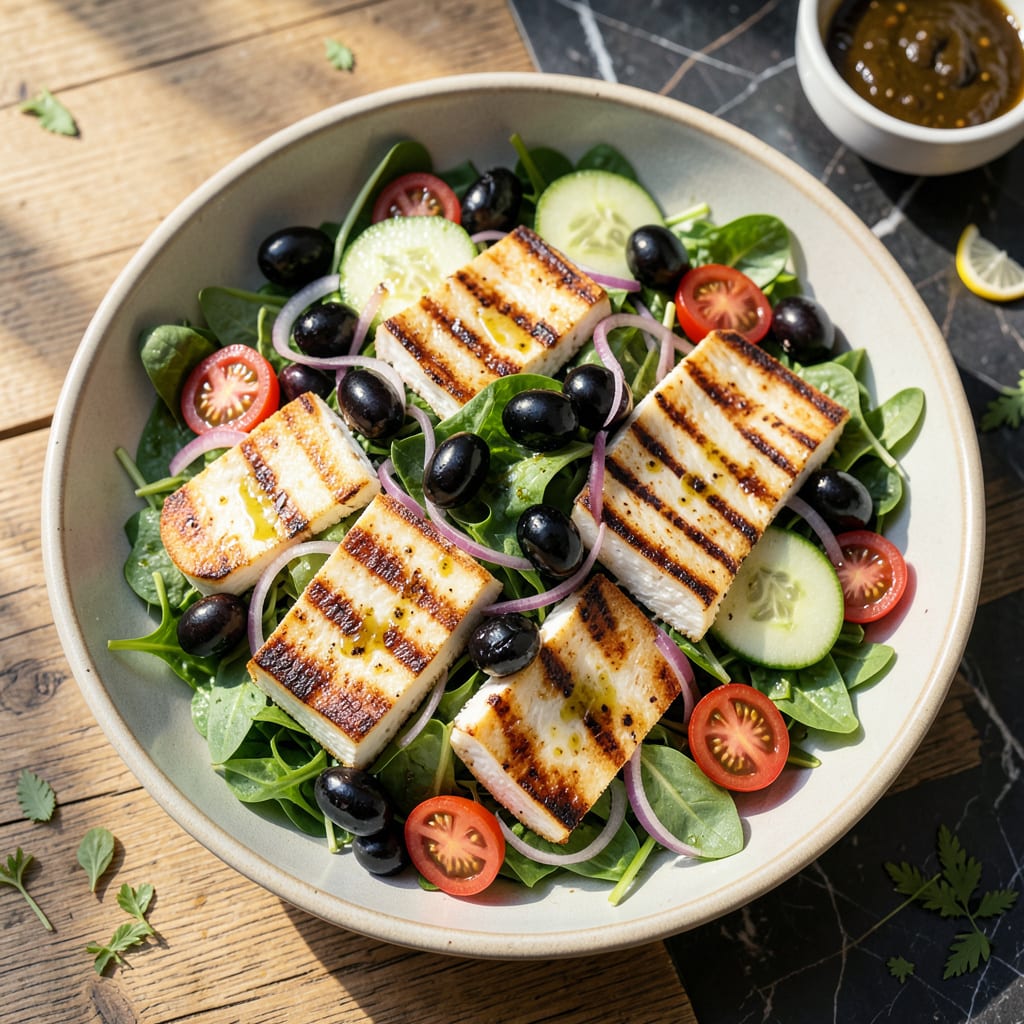 Comprehensive Grilled Halloumi Salad Recipe: Golden Brown Cheese Over Fresh Greens visual reference