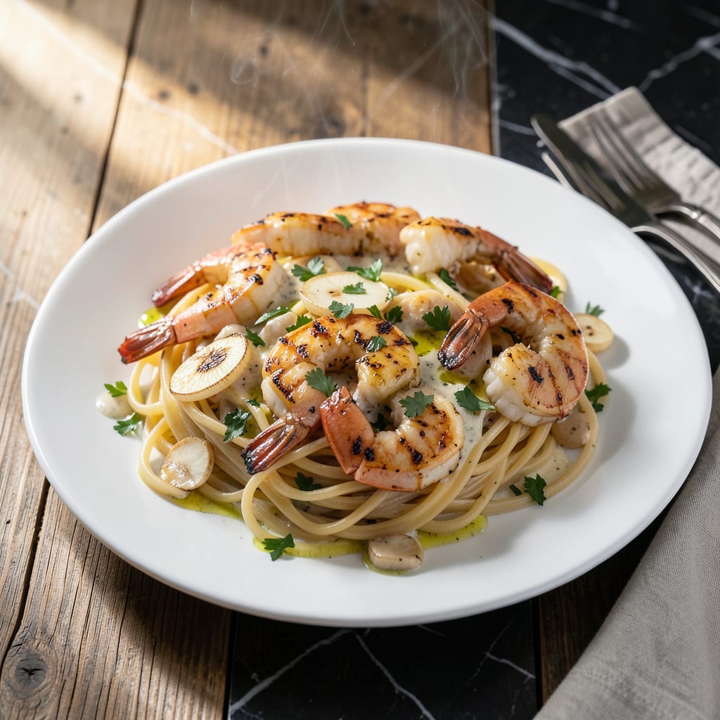 Comprehensive Grilled Shrimp and Pasta Recipe: Garlic Infused Coastal Delight visual reference