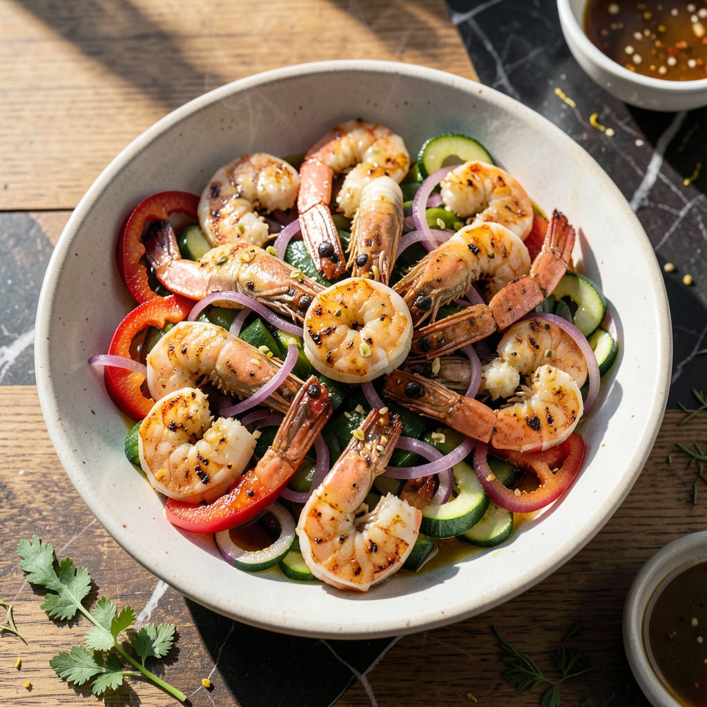 Grilled Shrimp and Veggies Recipe: Smoky Char with Garden Freshness illustration with key details