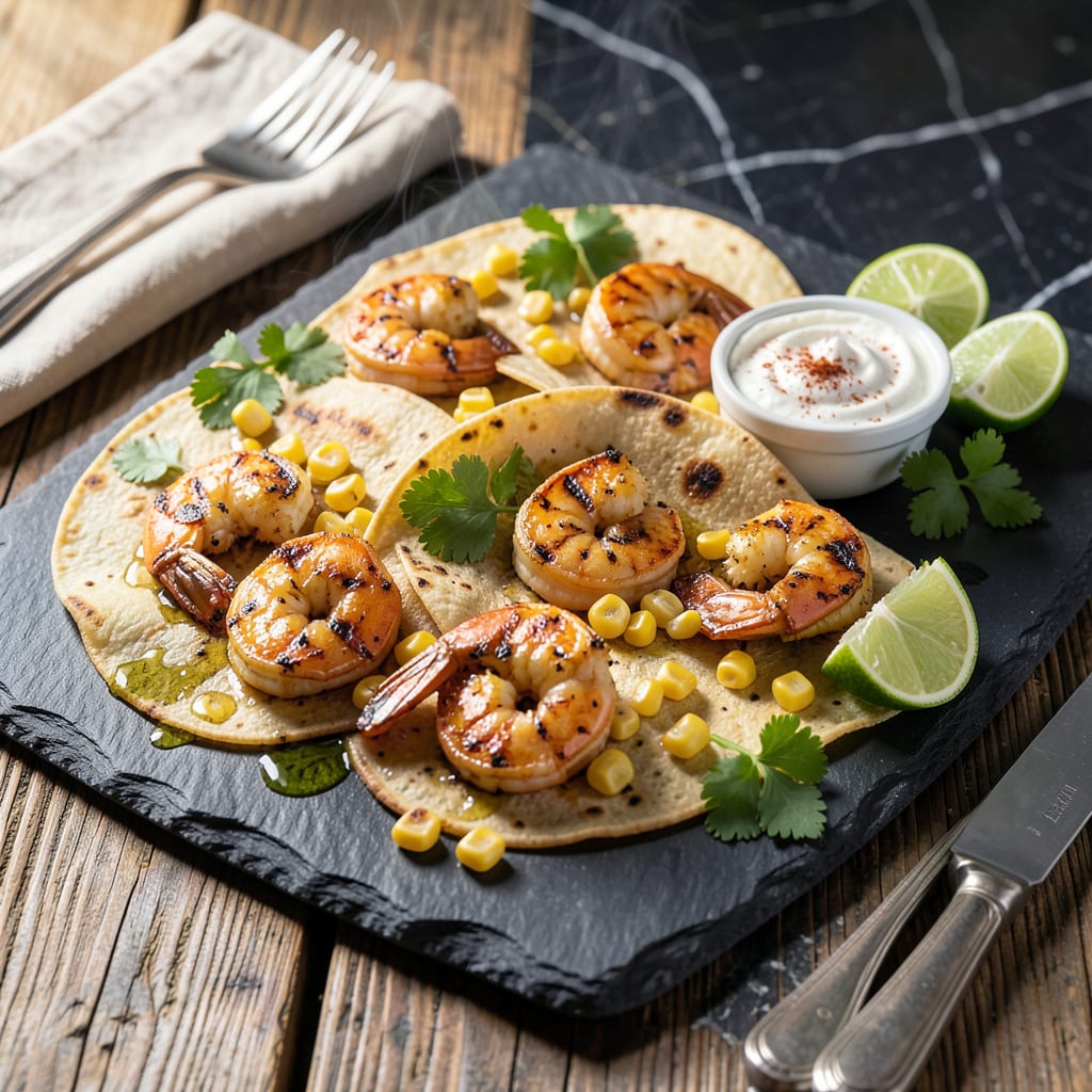 Visual representation of Grilled Shrimp Tacos Recipe: Zesty Lime Crema With Charred Corn