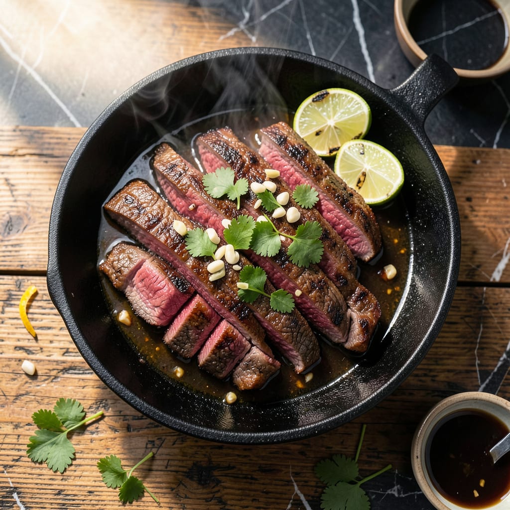 grilled skirt steak recipe illustration with key details