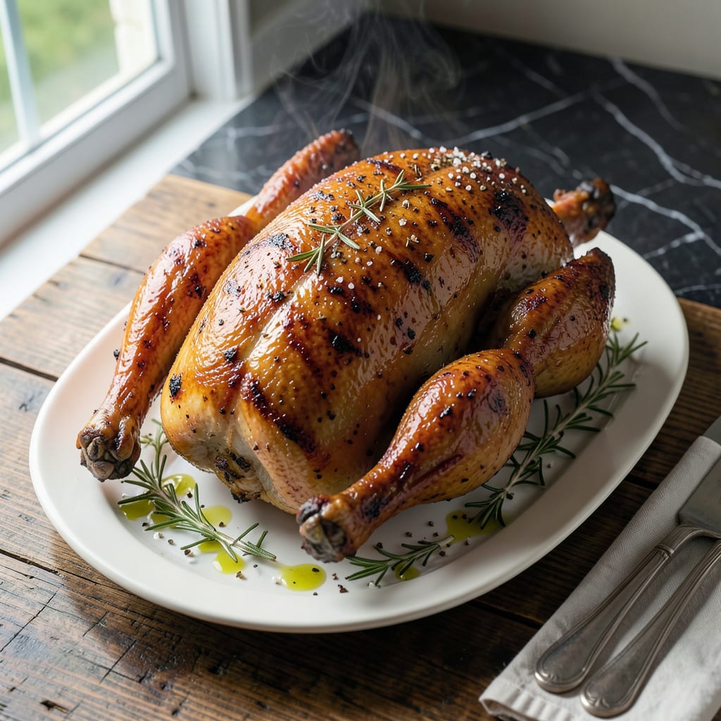 Grilled Spatchcock Turkey Recipe: Even Cooking and Golden Skin illustration with key details