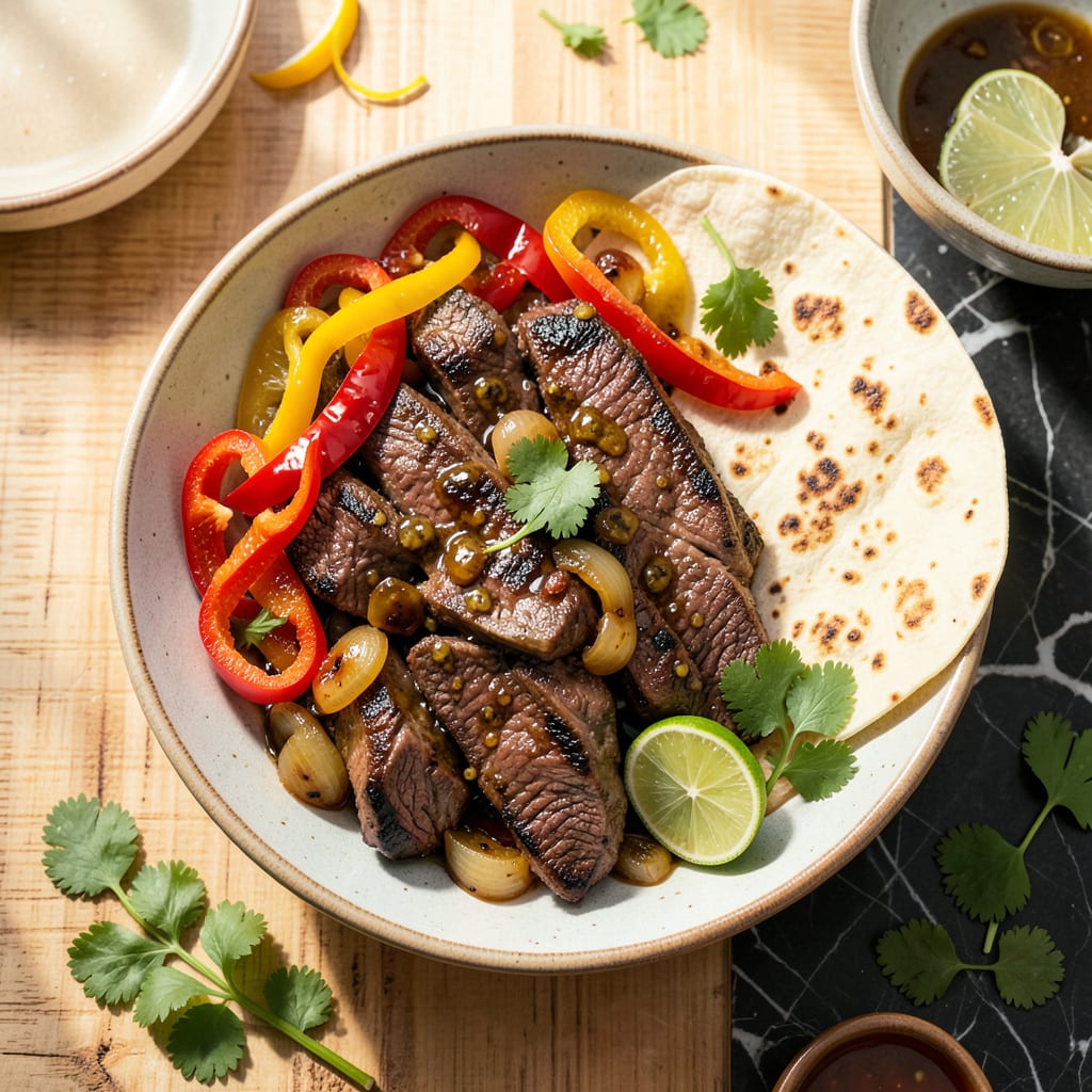 Grilled Steak Fajita Recipe: Sizzling Skillet with Charred Peppers illustration with key details