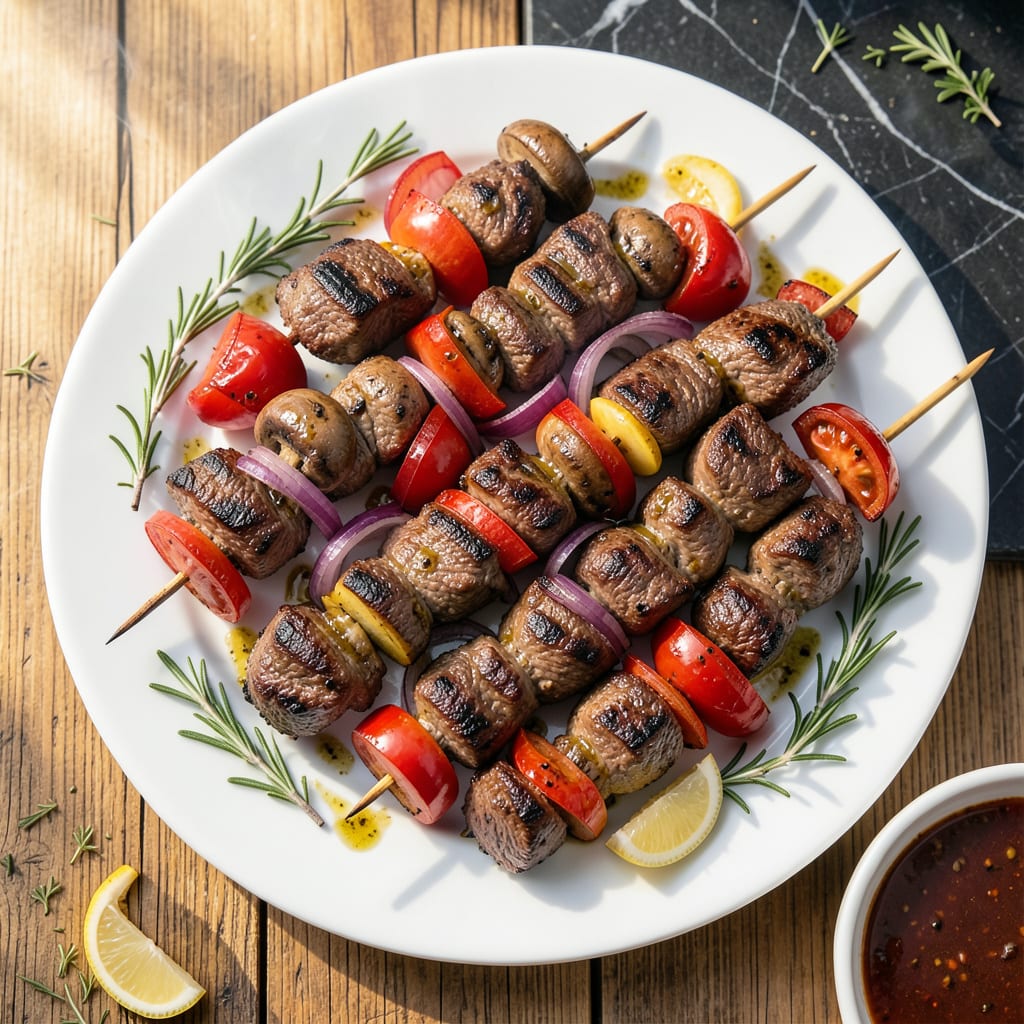 grilled steak kebabs recipe illustration with key details