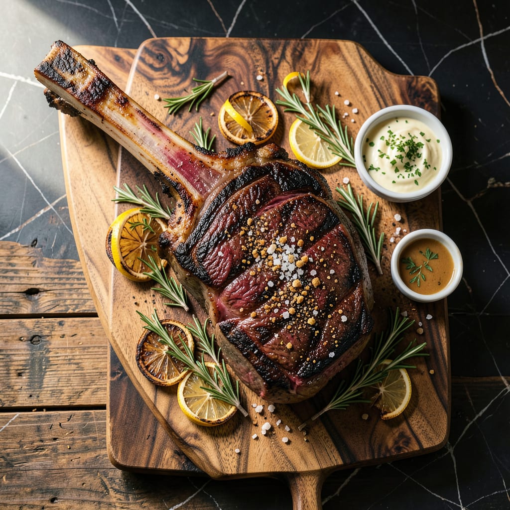 Visual representation of Grilled Tomahawk Steak Recipe: Impressive Bone In Centerpiece with Smoky Char
