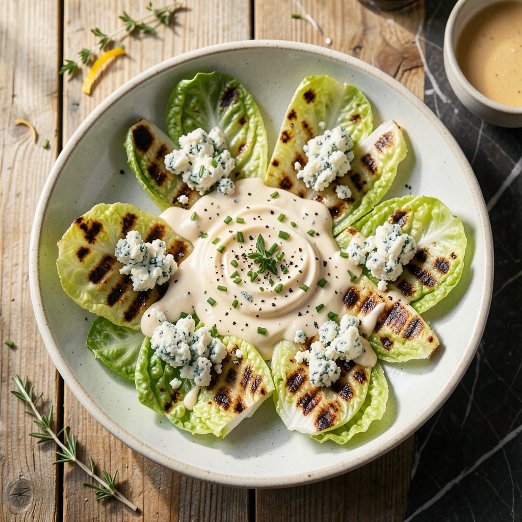 Grilled Wedge Salad Recipe: Charred Iceberg With Blue Cheese Crumbles illustration with key details