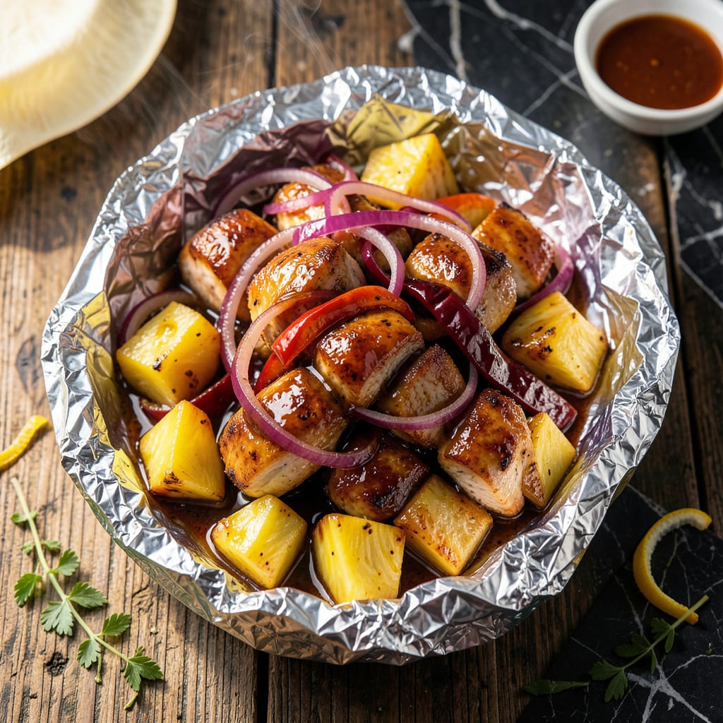 Visual representation of Hawaiian BBQ Chicken and Pineapple Foil Packets Recipe: Tropical Grill Out in a Packet