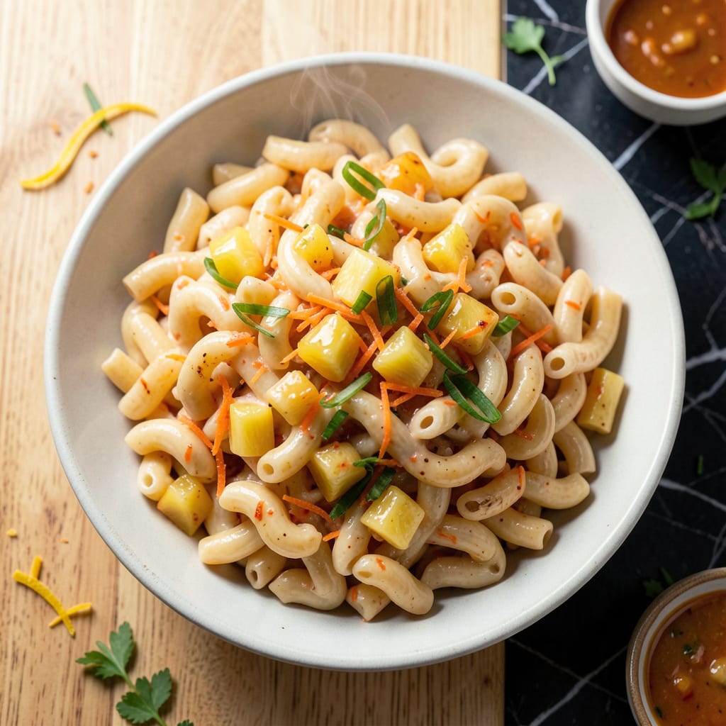 hawaiian bbq macaroni salad recipe illustration with key details