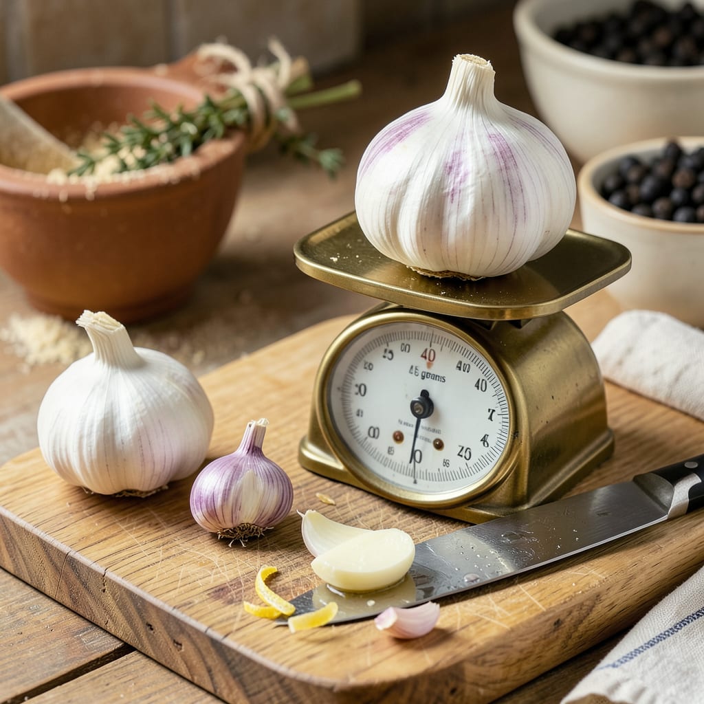 Visual representation of How Much Does a Garlic Weigh: Average Clove, Bulb, and Peeled Measurements