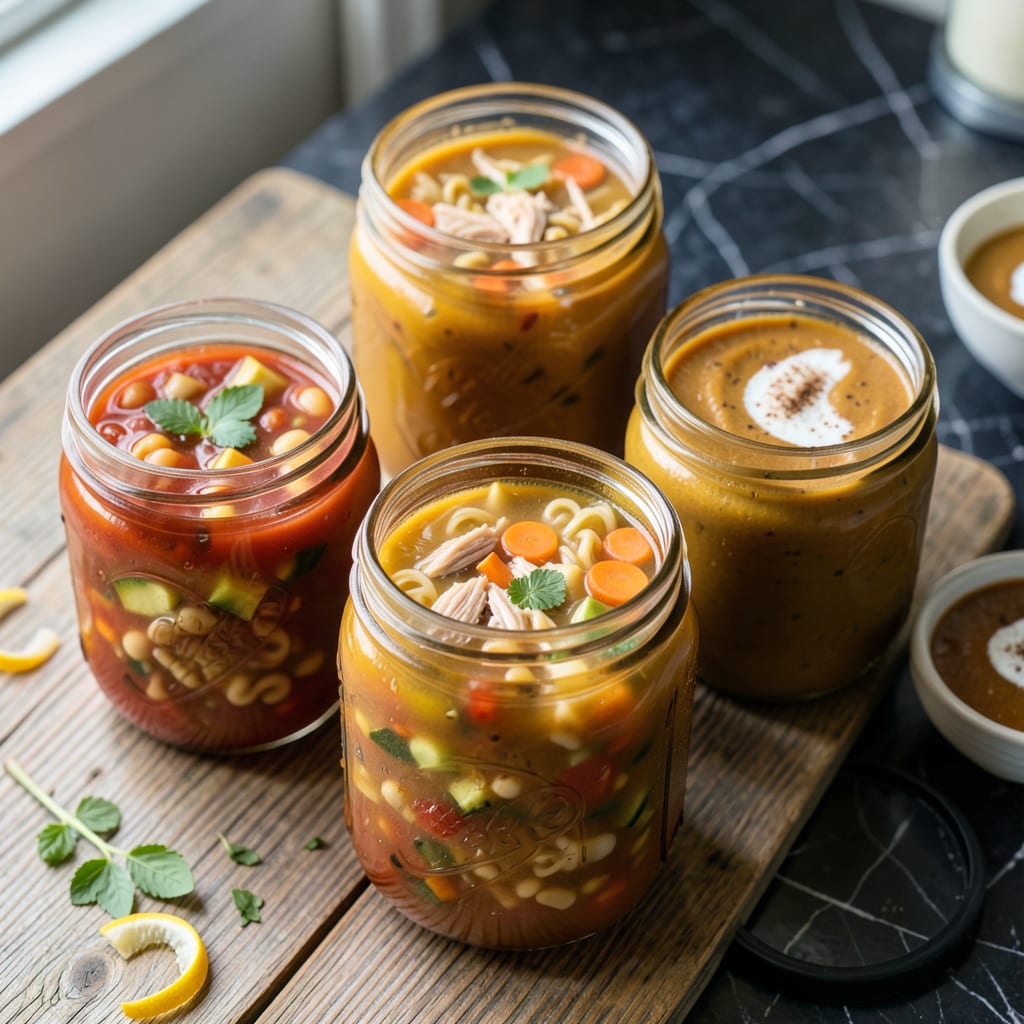 Visual representation of how to freeze soup in mason jars