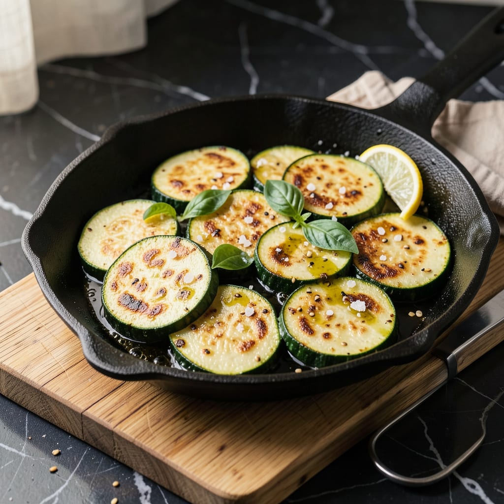 Visual representation of how to fry zucchini in a pan
