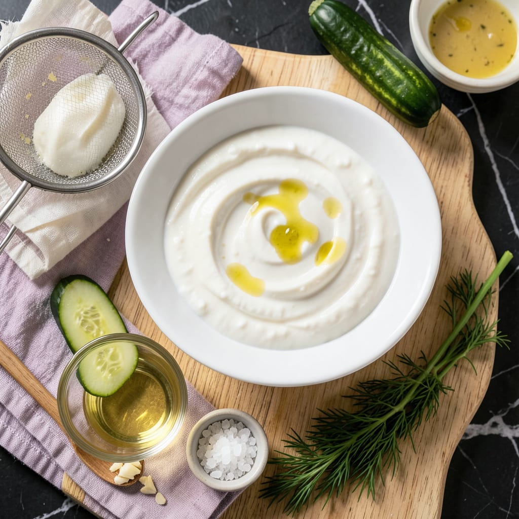 Visual representation of how to thicken tzatziki sauce