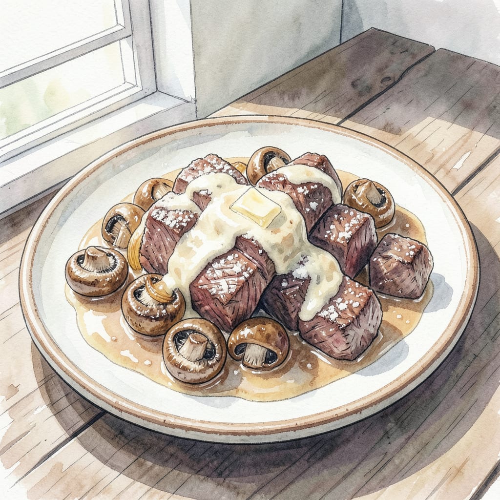 IHOP Beef Tips Recipe: Tender Steak Bites in Rich Gravy example with annotations