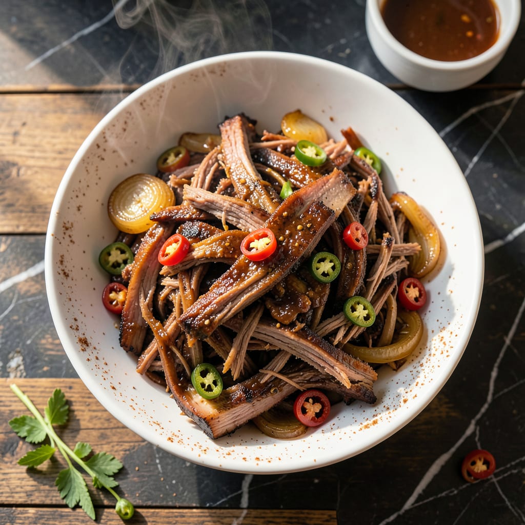 Visual representation of Jamie Oliver's BBQ Pulled Pork Recipe: Carolina Style Vinegar Kissed Tenderness
