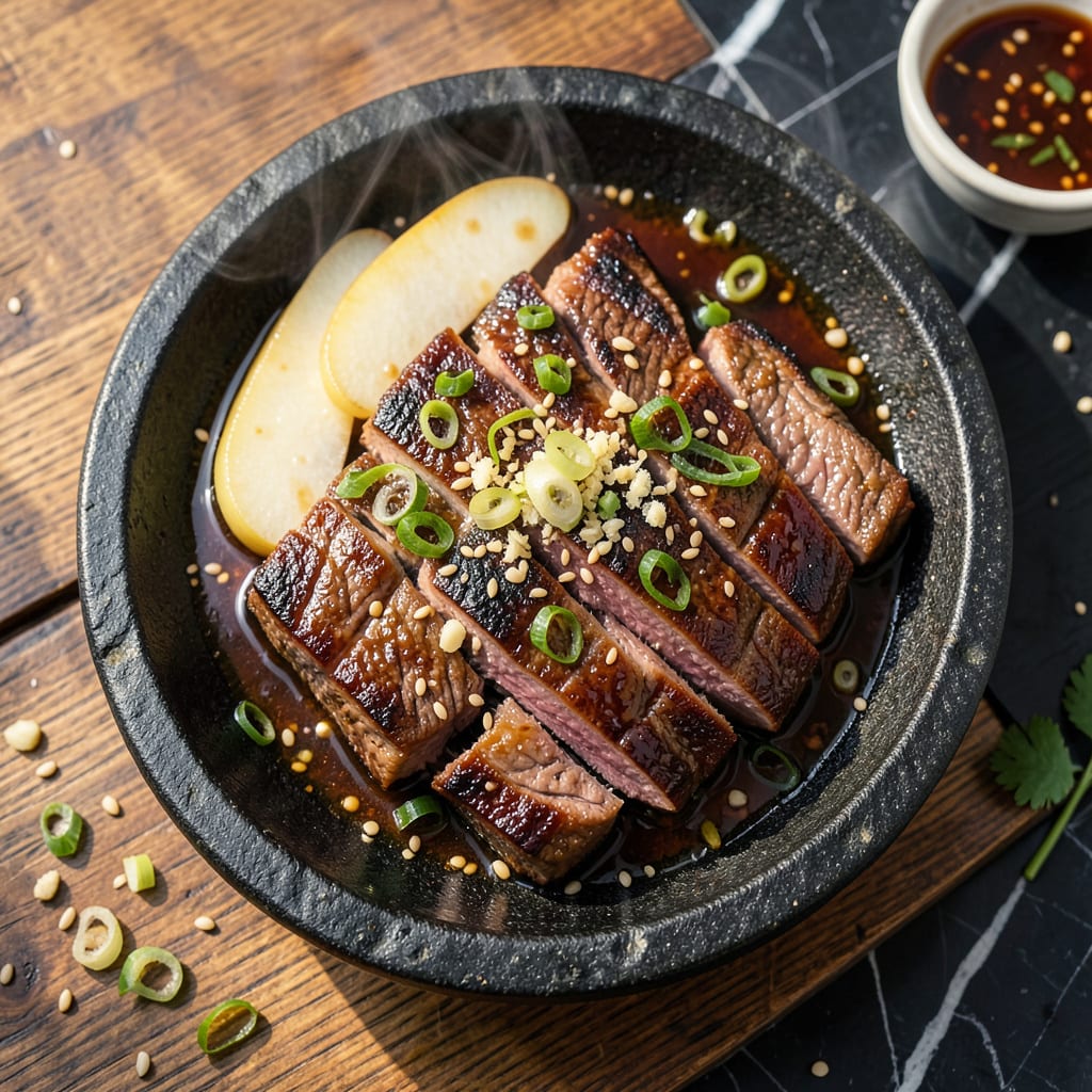 Korean BBQ Beef Bulgogi Recipe: Sweet Savory Marinade for the Grill illustration with key details