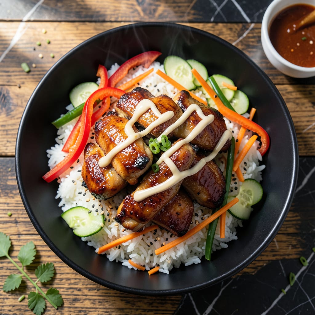 Visual representation of Korean BBQ Chicken Rice Bowls Recipe: Gochujang Glazed Goodness Over Steamed Rice