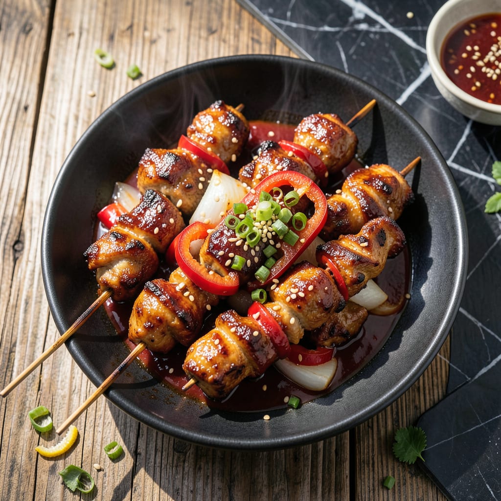 Korean BBQ Chicken Skewers Recipe: Charcoal Kissed Sweet and Spicy Bites illustration with key details