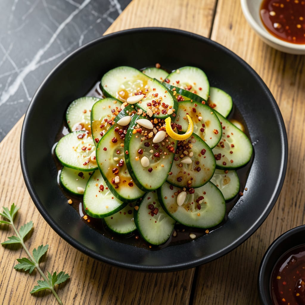 Korean BBQ Cucumber Salad Recipe: Spicy, Sweet and Refreshing Crunch illustration with key details