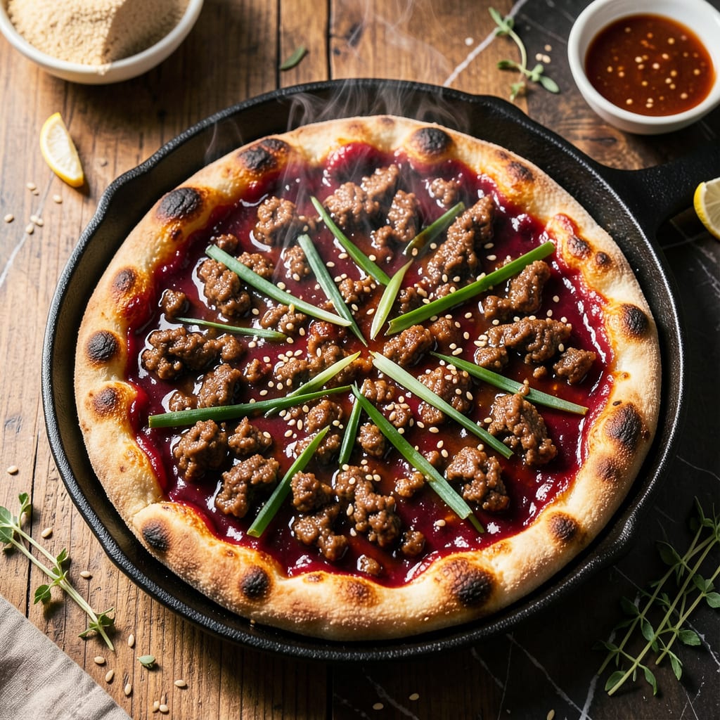 Visual representation of Korean BBQ Pizza Recipe: Gochujang Glazed Fusion on Crispy Crust