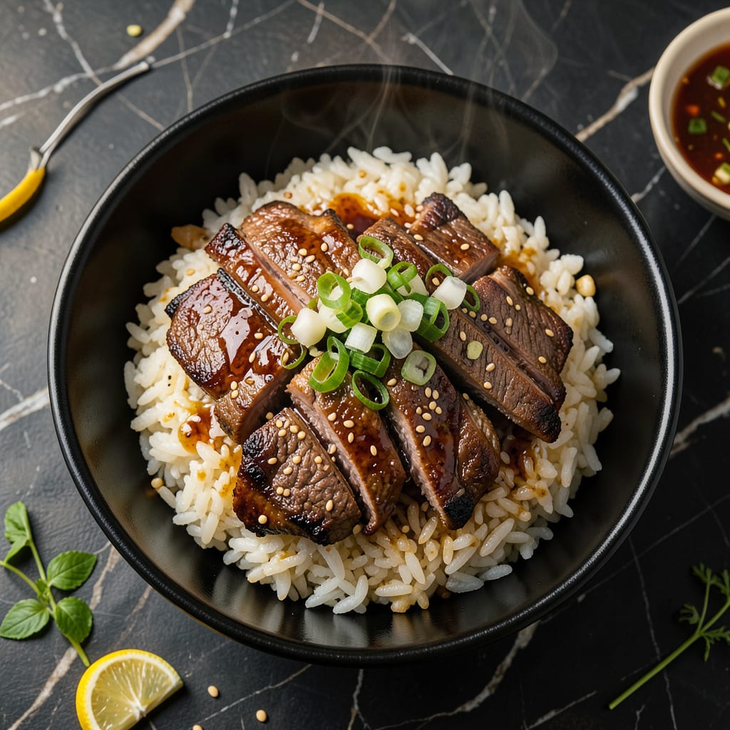 Korean BBQ Rice Recipe: Smoky Charred Bites Over Fluffy Grains illustration with key details
