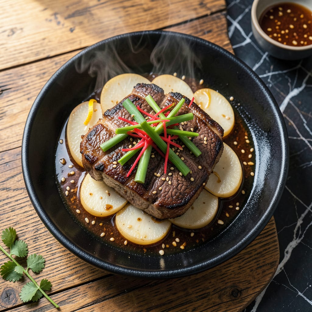 Korean BBQ Roast Recipe: Marinated Beef with Charred Caramelization illustration with key details