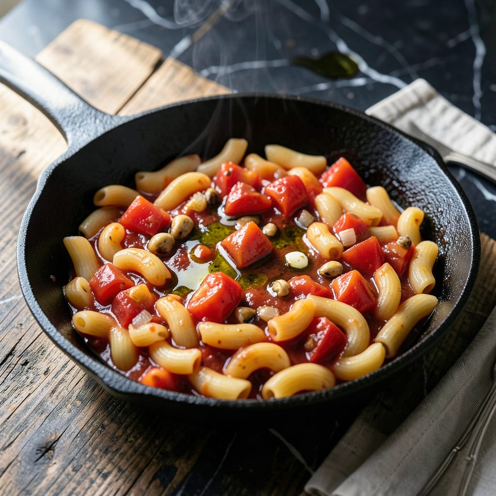 Lamberts Macaroni and Tomatoes Recipe: Southern Style Skillet Comfort illustration with key details