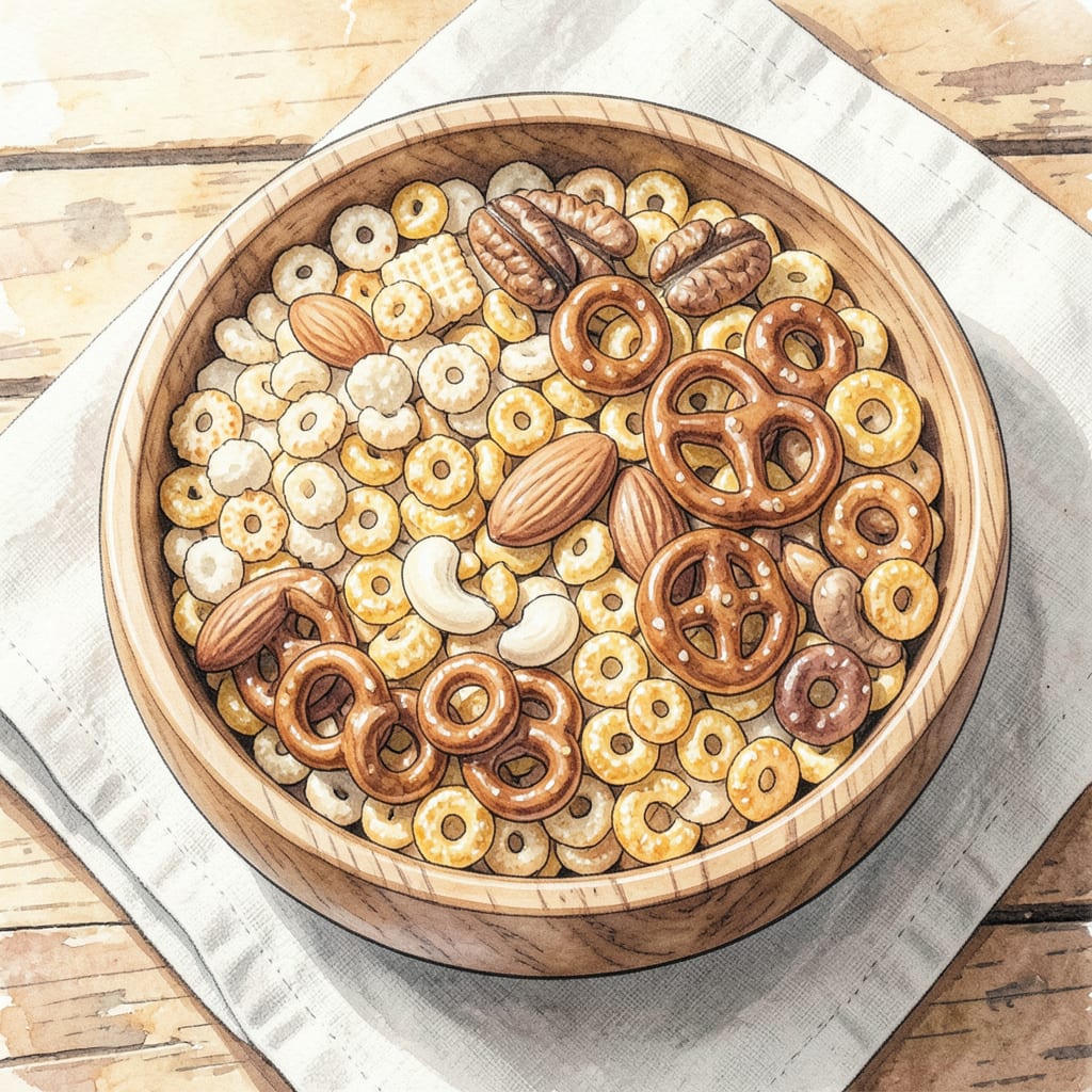 low sodium chex mix recipe illustration with key details