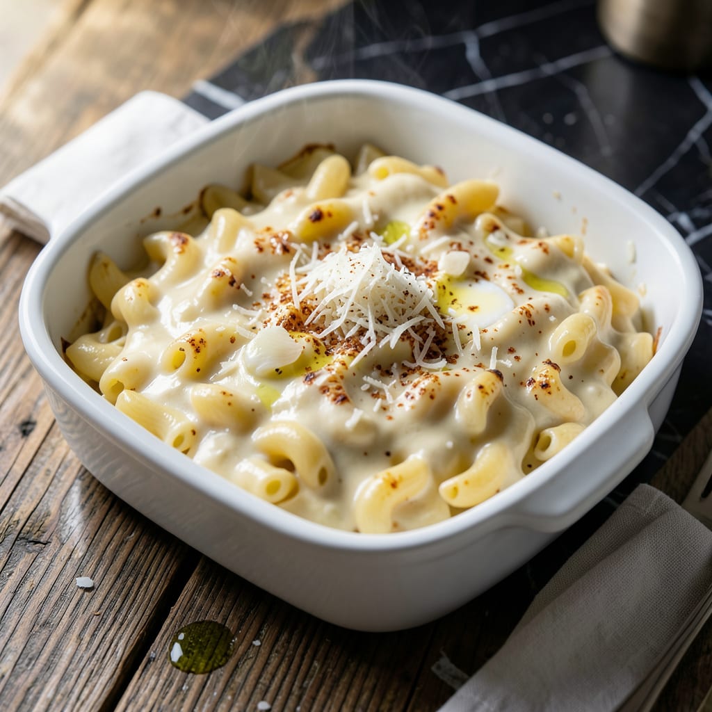 Visual representation of macaroni and cheese recipe with alfredo sauce