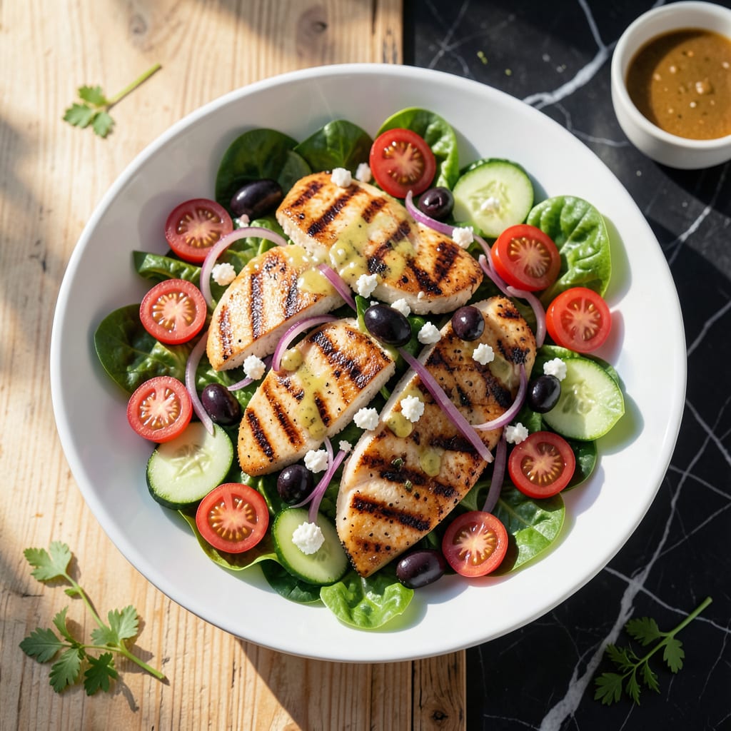 Visual representation of mediterranean grilled chicken salad recipe