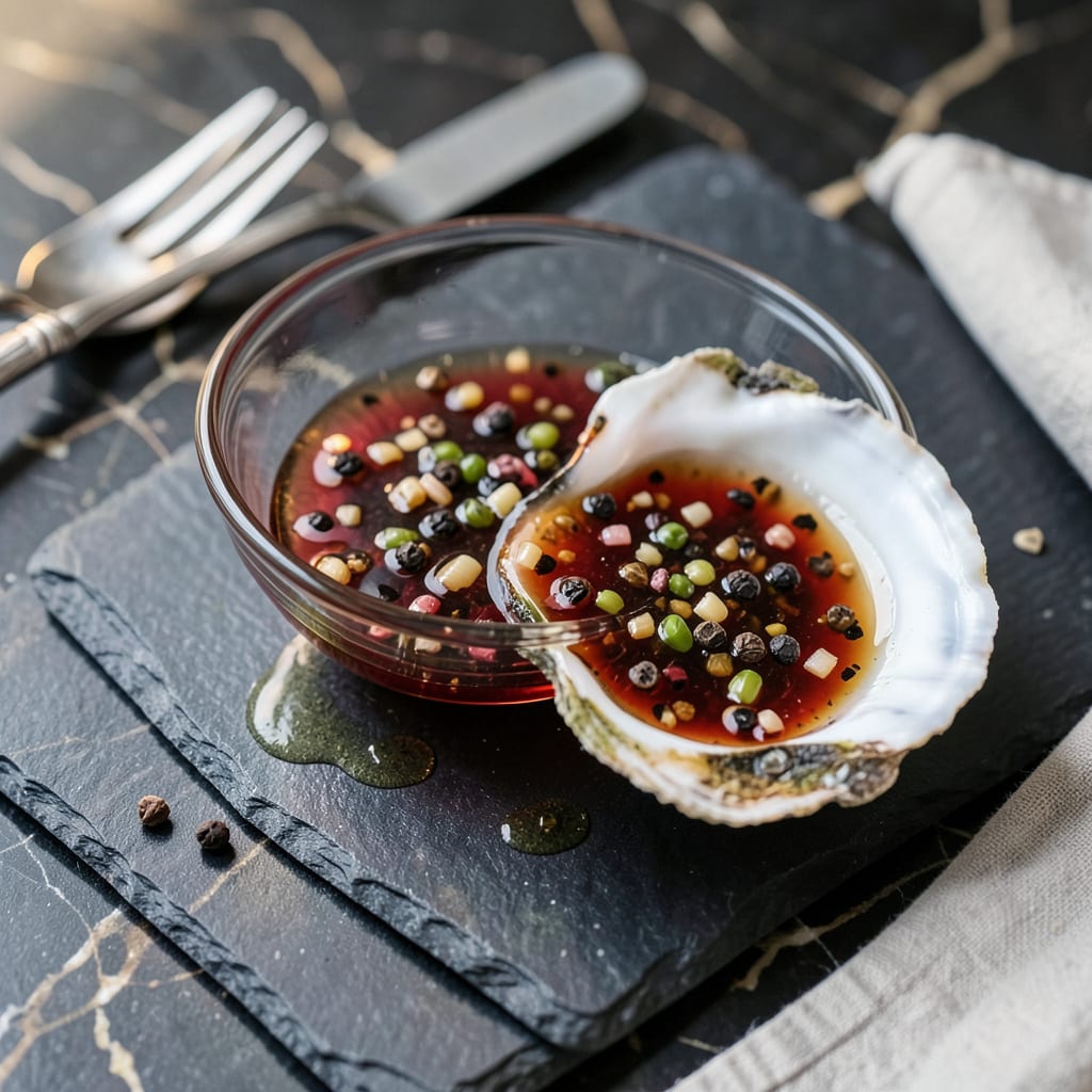 mignonette sauce recipe for oysters illustration with key details