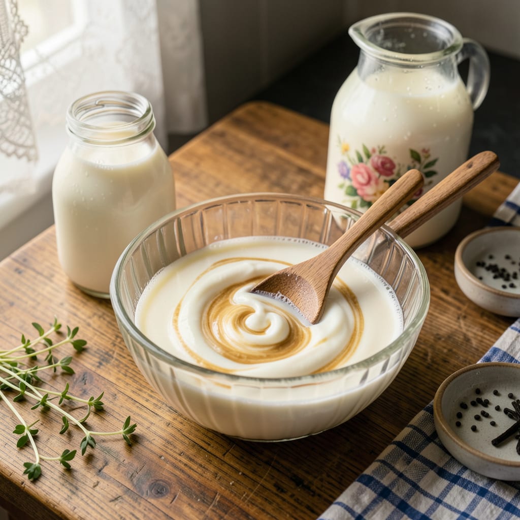 Comprehensive milk and cream are mixed together for a recipe visual reference