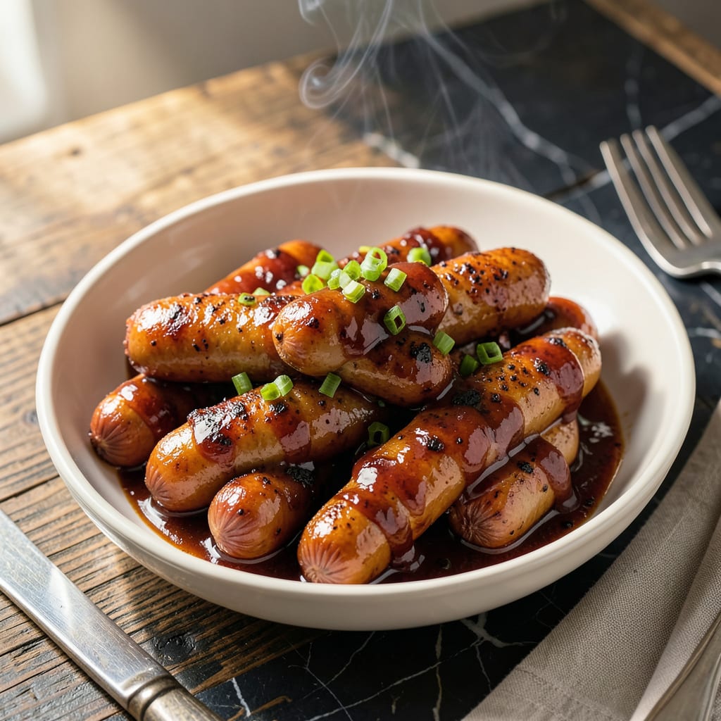 Visual representation of Mini Hot Dogs in BBQ Sauce Recipe: Sweet and Smoky Party Bites