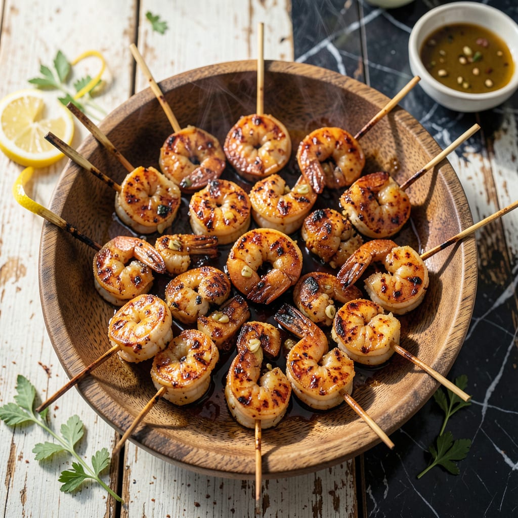 Old Bay Grilled Shrimp Skewers Recipe: Coastal Spice Blend on Open Flame illustration with key details