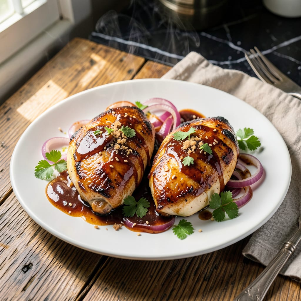 oven baked bbq boneless chicken breast recipe illustration with key details