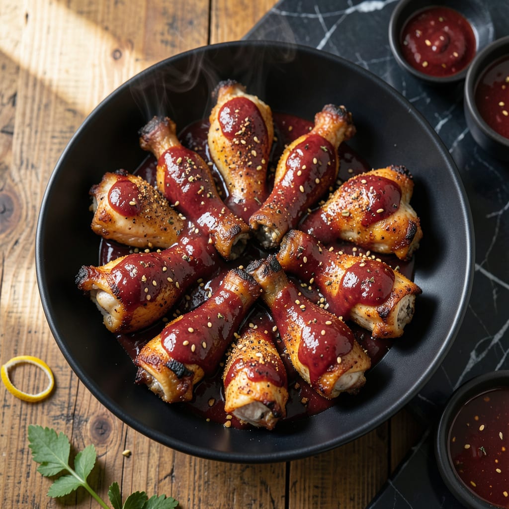 Oven Baked BBQ Chicken Drumsticks Recipe: Crispy Skin and Stick to Your Bones Sauce illustration with key details