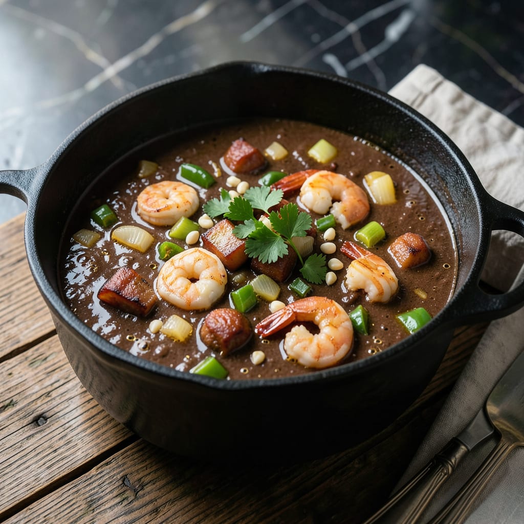 paul prudhomme gumbo recipe illustration with key details