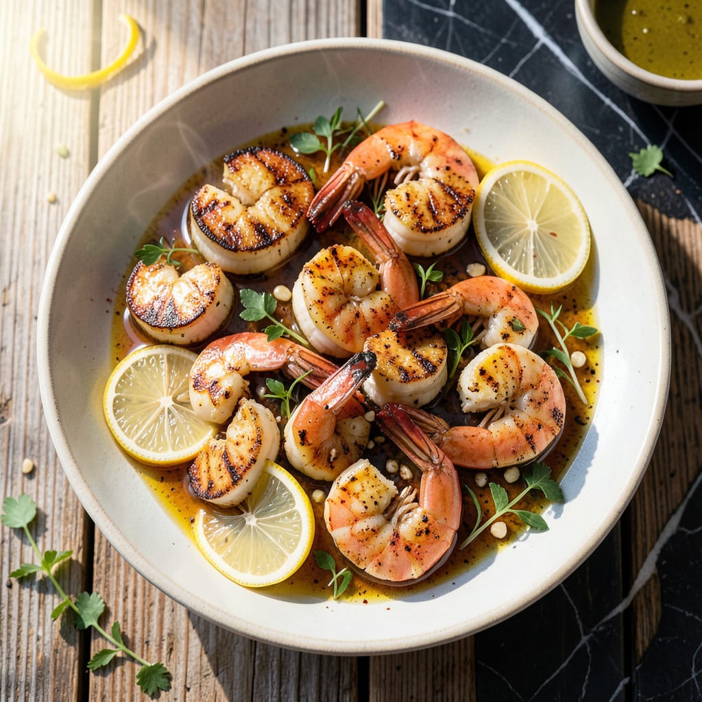 Recipe for Grilled Scallops and Shrimp: Smoky Char with Citrus Zest illustration with key details