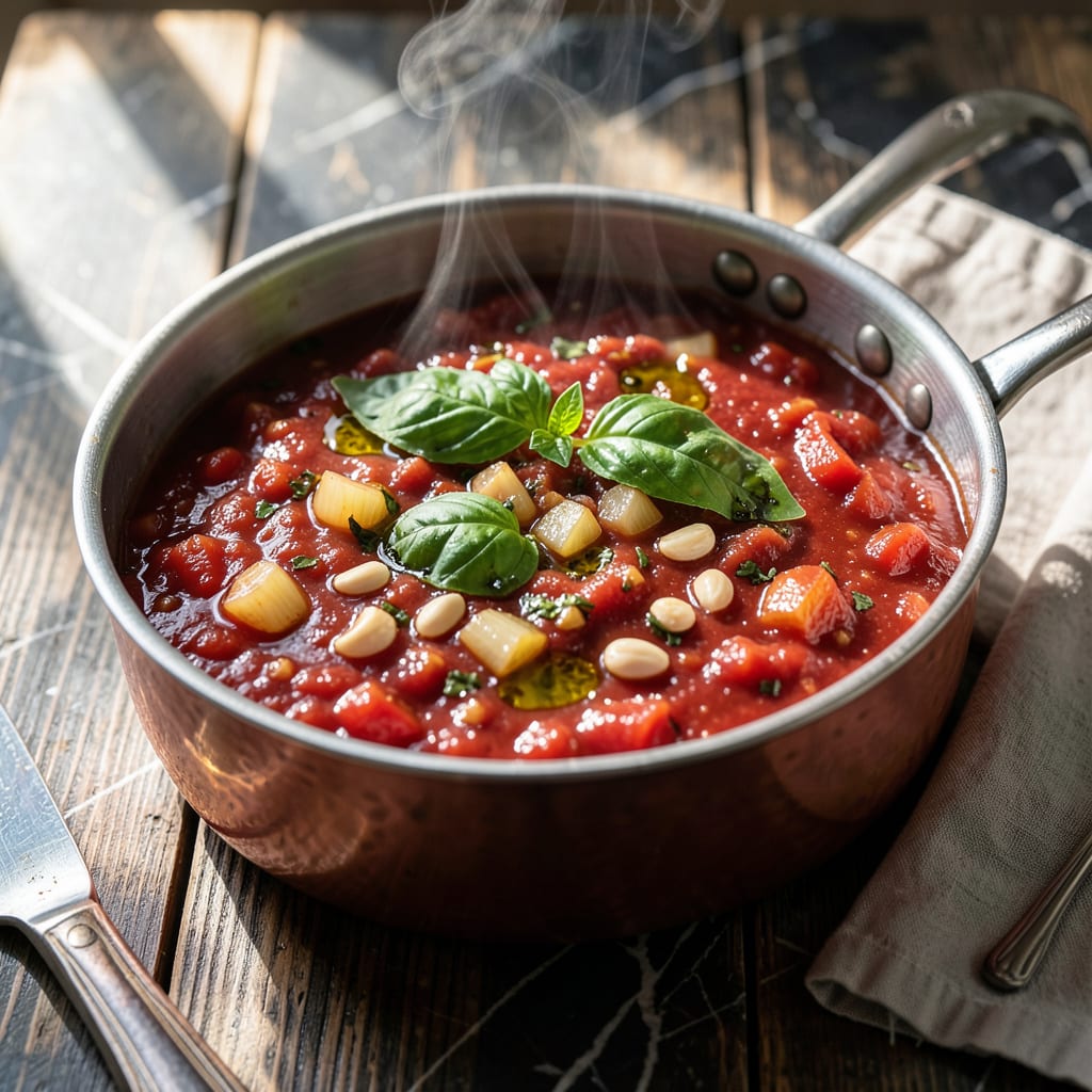 Visual representation of recipe for homemade tomato pasta sauce